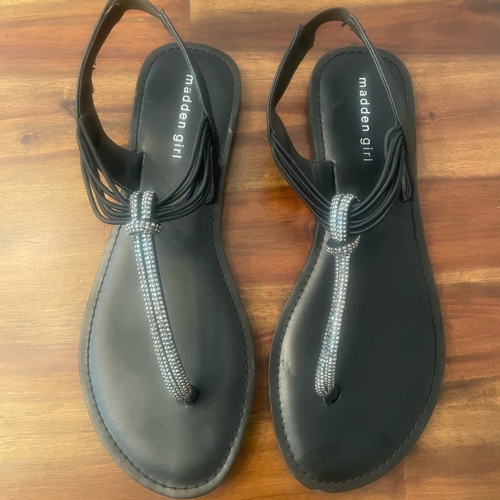 Madden Girl black rhinestone flat sandals, women’s size 10, only worn once!